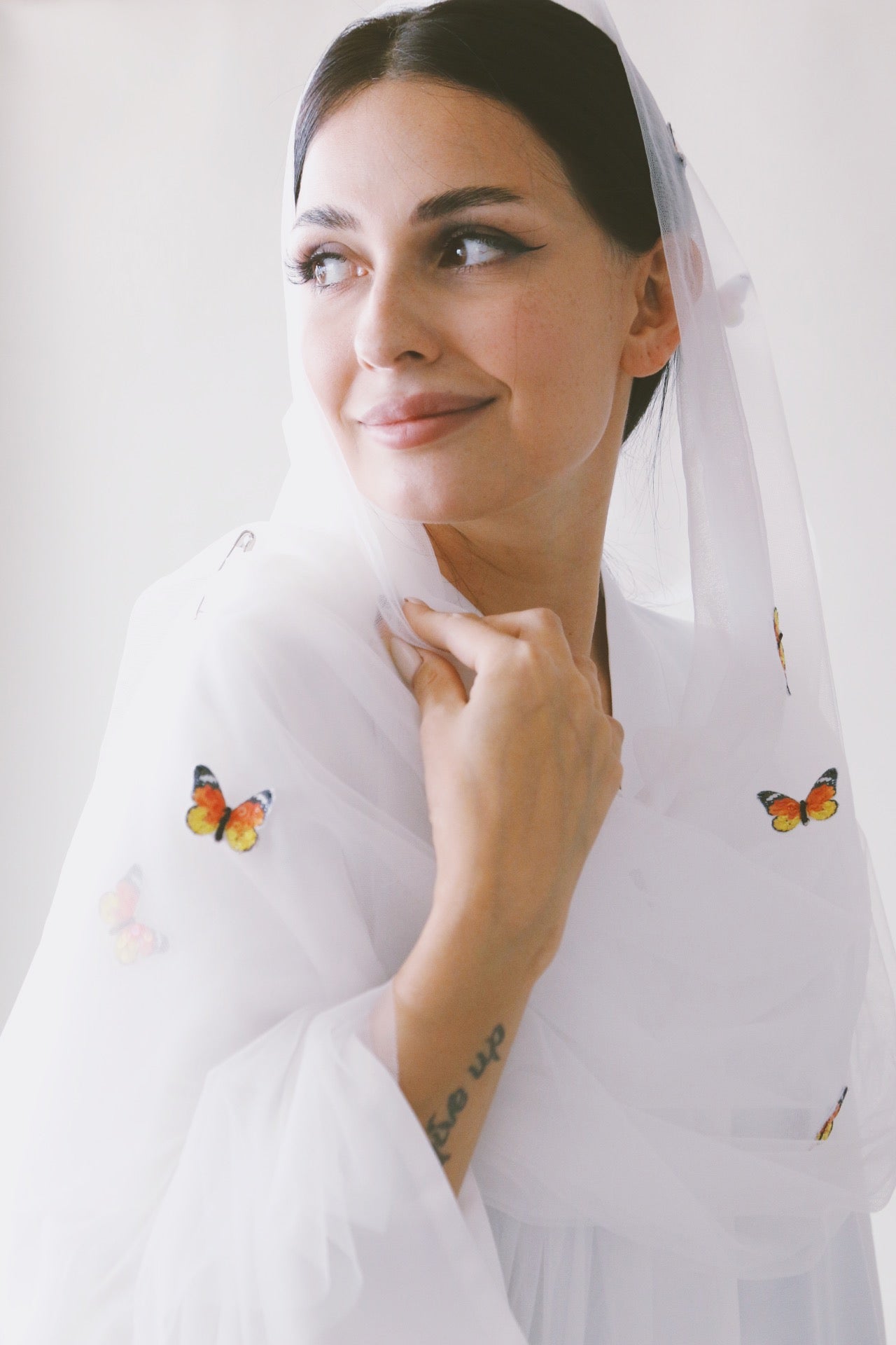 A Garden Of Butterflies Shaila (Head Scarf), Orange Butterflies on White, Ecological, Heat Resistant Shaila