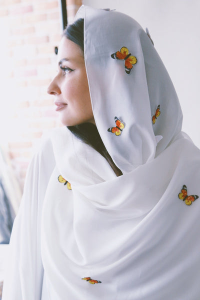 A Garden Of Butterflies Shaila (Head Scarf), Orange Butterflies on White, Ecological, Heat Resistant Shaila