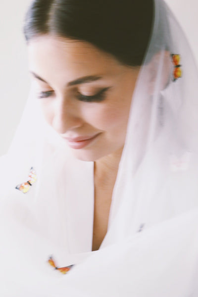 A Garden Of Butterflies Shaila (Head Scarf), Orange Butterflies on White, Ecological, Heat Resistant Shaila