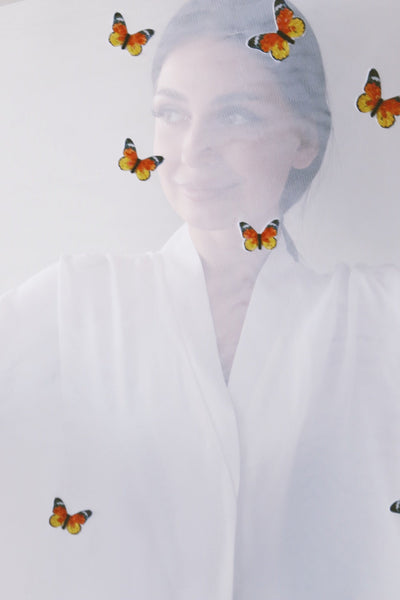 A Garden Of Butterflies Shaila (Head Scarf), Orange Butterflies on White, Ecological, Heat Resistant Shaila