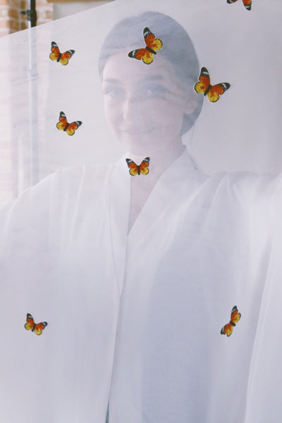 A Garden Of Butterflies Shaila (Head Scarf), Orange Butterflies on White, Ecological, Heat Resistant Shaila