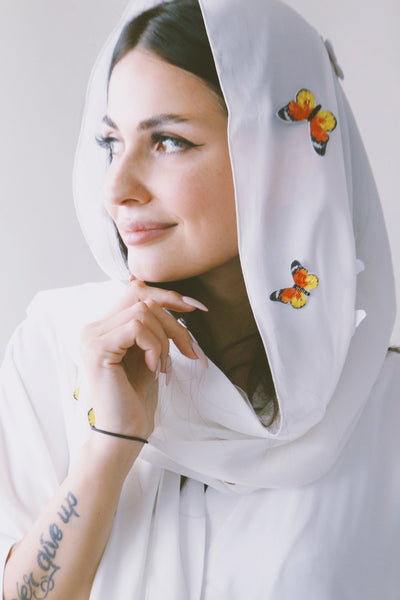 A Garden Of Butterflies Shaila (Head Scarf), Orange Butterflies on White, Ecological, Heat Resistant Shaila