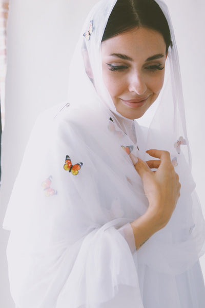 A Garden Of Butterflies Shaila (Head Scarf), Orange Butterflies on White, Ecological, Heat Resistant Shaila